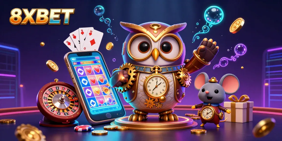 Experience thrilling gaming with 8XBET, featuring slot games, coins, cards, and futuristic casino elements.