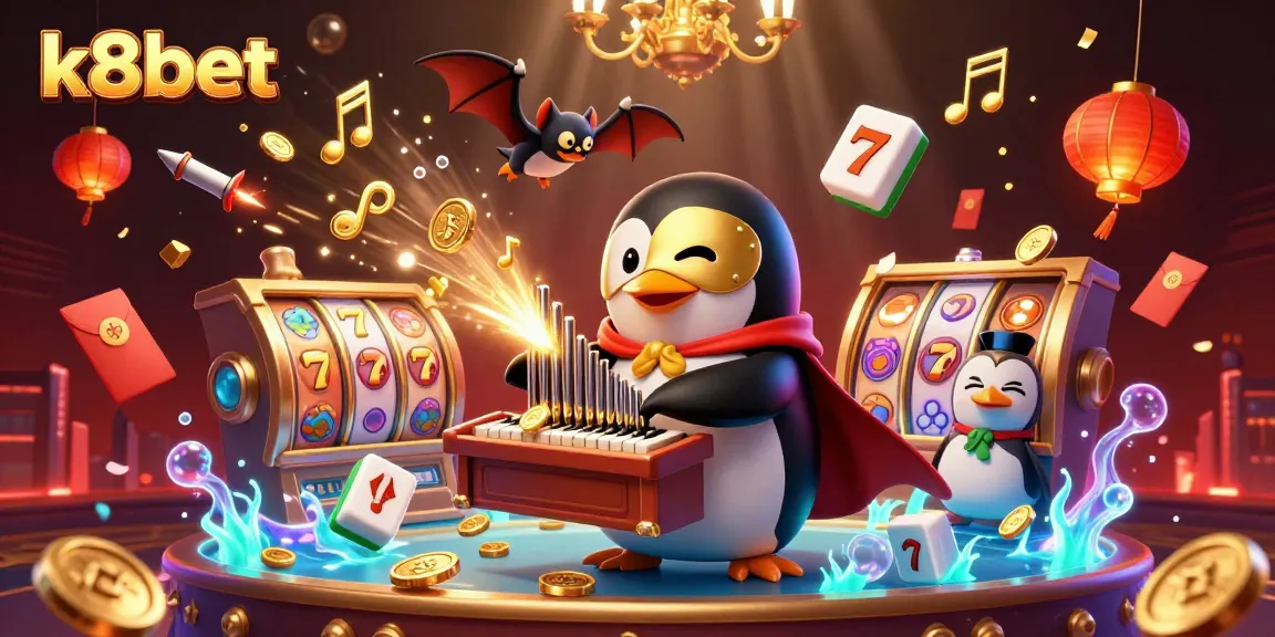 Play slots at k8bet with a vibrant display of a penguin and dynamic casino elements.