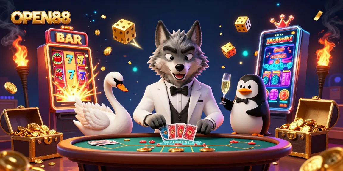 Experience the excitement of OPEN88 with vibrant casino action featuring a tuxedo wolf and elegant characters.