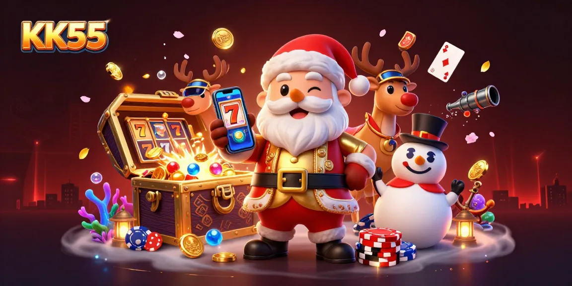 Experience the excitement of KK55 jackpots with Santa, reindeer, and snowman in a vibrant casino scene!