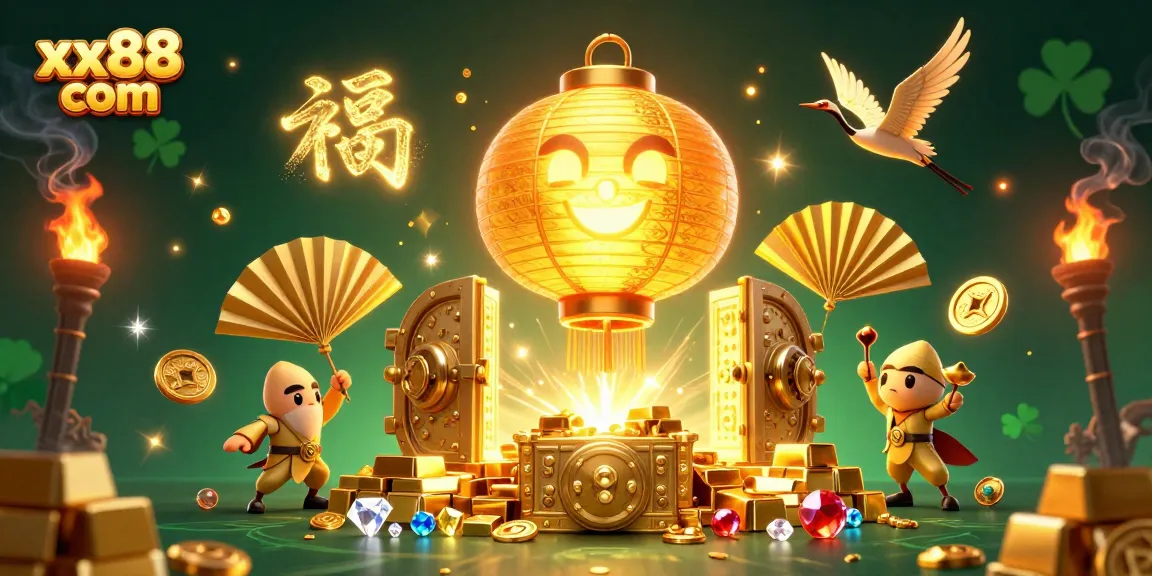 Experience excitement at xx88 com with vibrant casino elements, golden treasures, and animated companions.