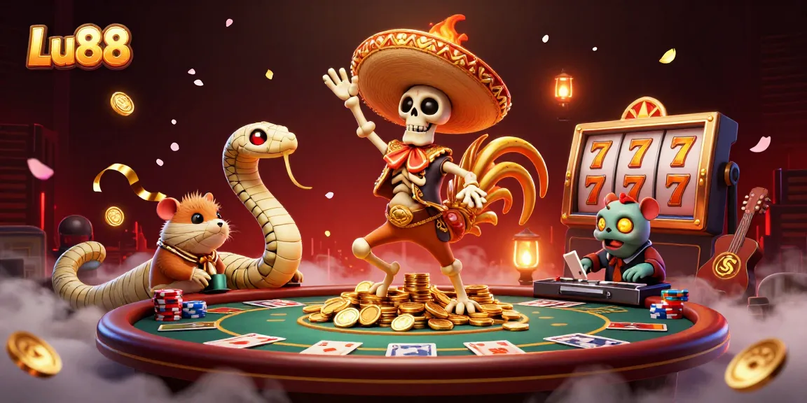 Lu88 brings excitement with a vibrant scene of a mariachi rooster celebrating over golden coins in a casino.