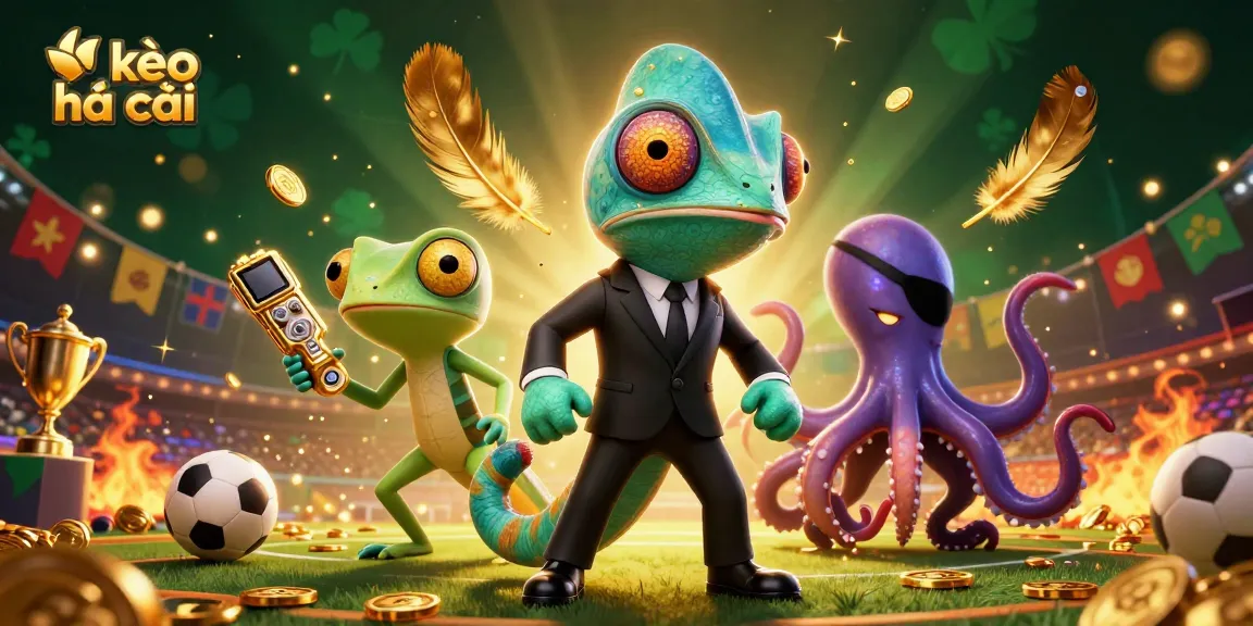 Betting with kèo nhà cái: Vibrant scene featuring a chameleon, a gecko, and an octopus in a sports betting arena.