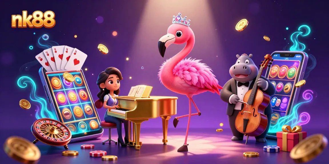 Experience excitement at nk88 with dazzling casino elements in a vibrant 3D illustration.