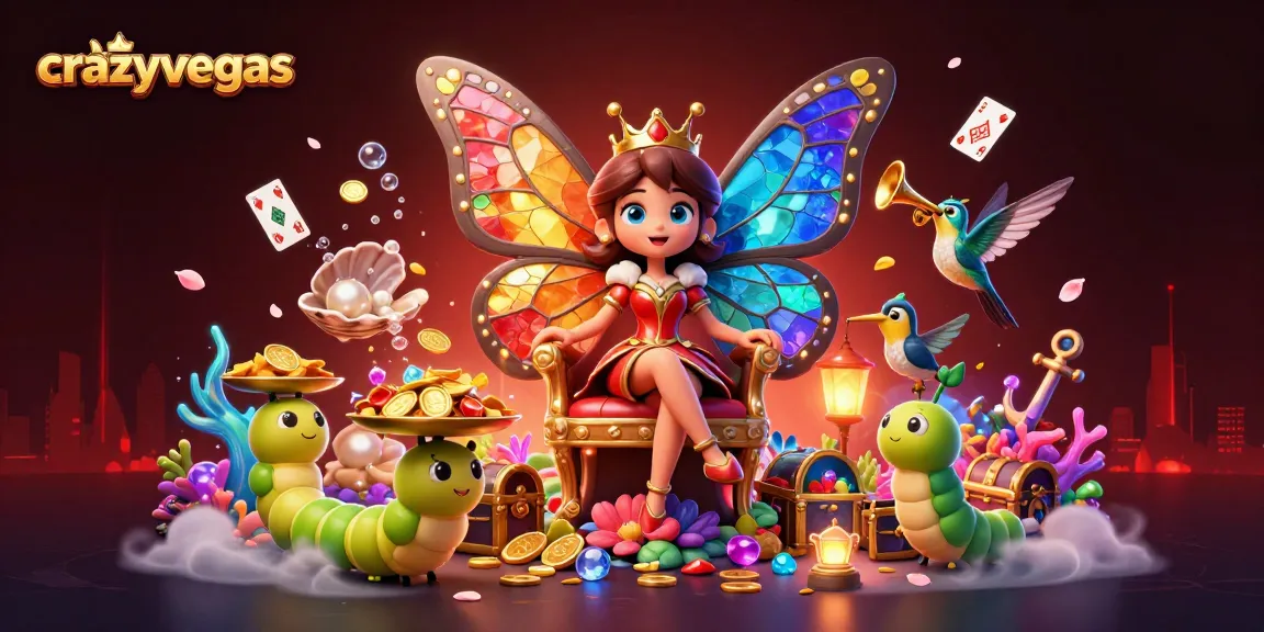 A dazzling scene at crazyvegas showcasing a butterfly queen and caterpillars with casino chips in a vibrant, gold-filled atmosphere.