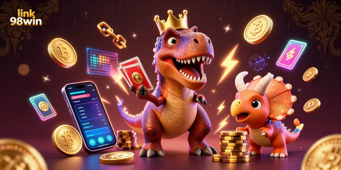 Experience thrilling gaming adventures with link 98win in a vibrant casino scene featuring animated dinosaurs and crypto elements.