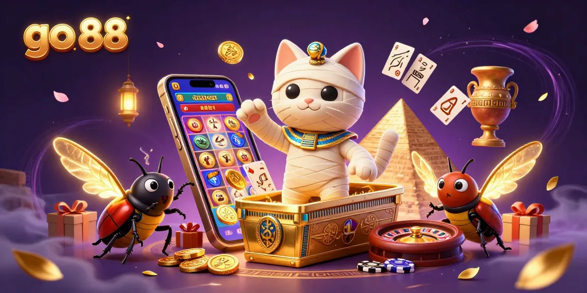 Experience the thrill of go 88 with an Egyptian mummy cat and casino elements celebrating winning moments.