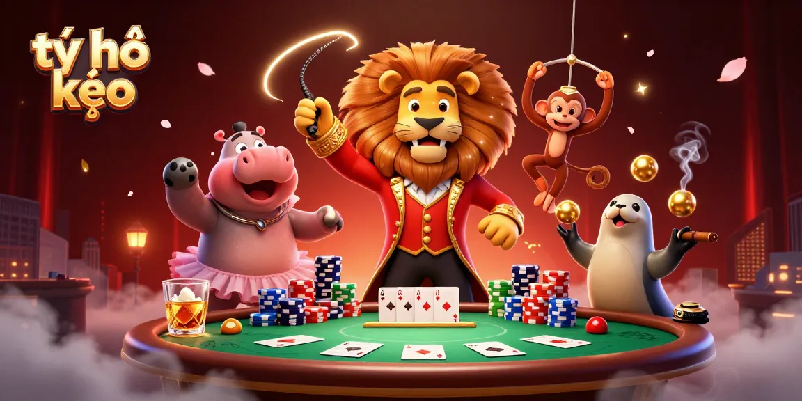 Engage with tỷ lệ kèo in an energetic dual circus casino scene featuring whimsical characters and rich gambling elements.