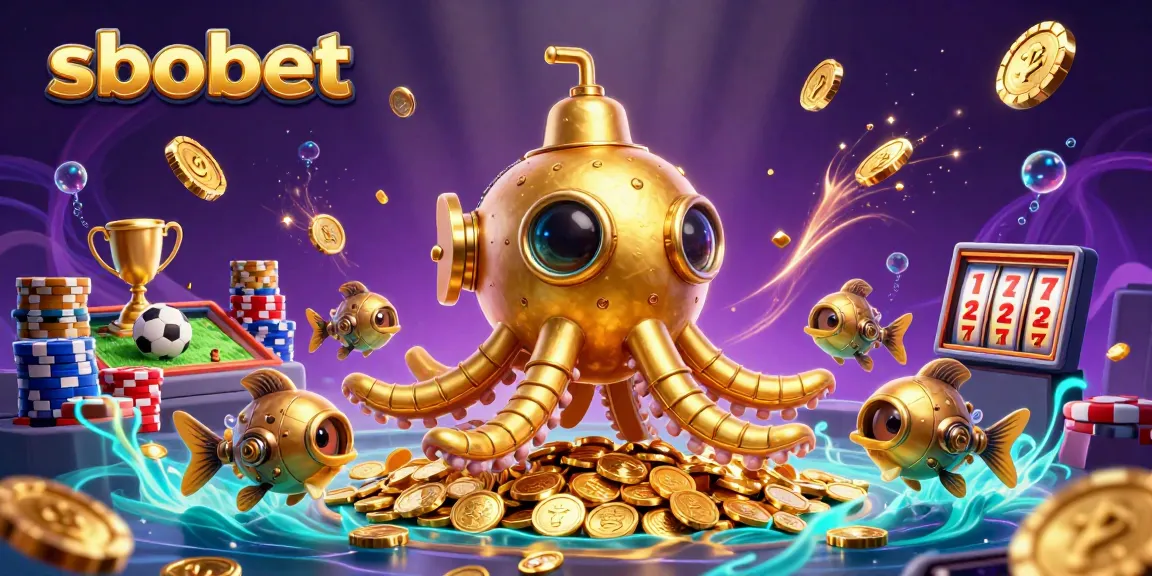 Engage in sbobet sports betting with vibrant 3D illustrations of kraken submarine and golden coins