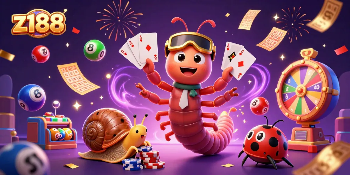 Experience exciting gameplay at z188 with a vibrant scene of a cartoon millipede dealer and animated gaming elements.