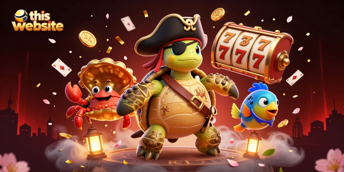 This website showcases a vibrant 3D casino scene with cartoon pirate characters amidst slot reels and treasure.