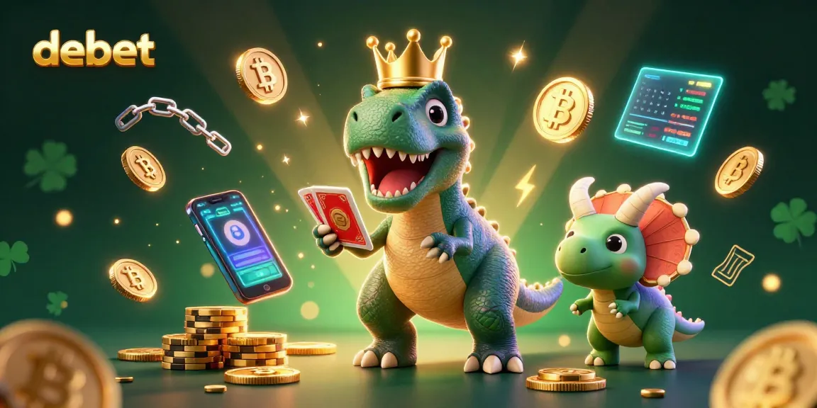 Play slots and win with Debet as a T-Rex shuffles cards and a baby triceratops stacks chips.