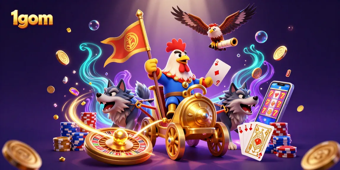 1gom sports betting illustration showing a rooster warlord in action surrounded by treasures and a vibrant casino atmosphere.