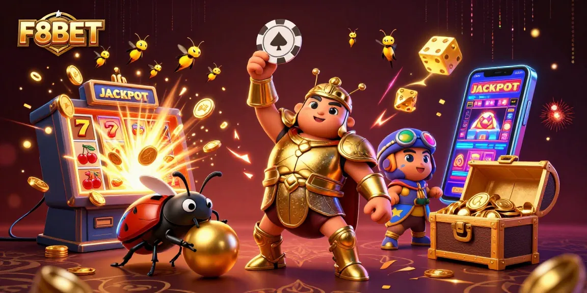 F8BET brings excitement with a 3D hercules beetle celebrating a jackpot amid dynamic casino elements.