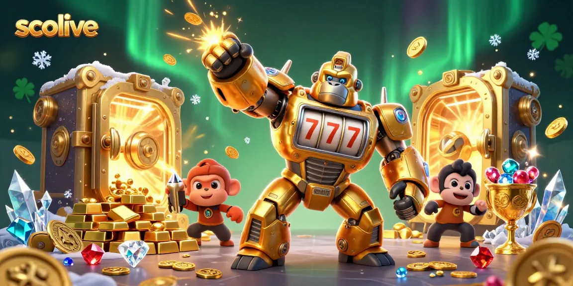 Experience socolive's thrilling gameplay with a golden gorilla mech amidst jewels and treasures.