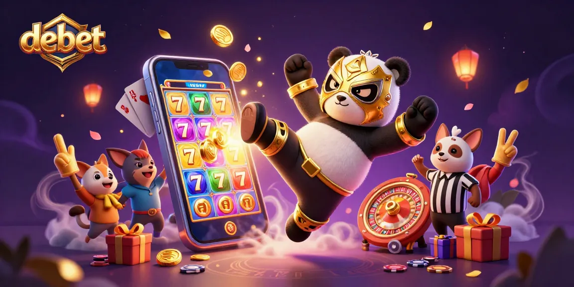 Engage in debet gaming excitement with a vibrant illustration of a panda wrestler and casino action.
