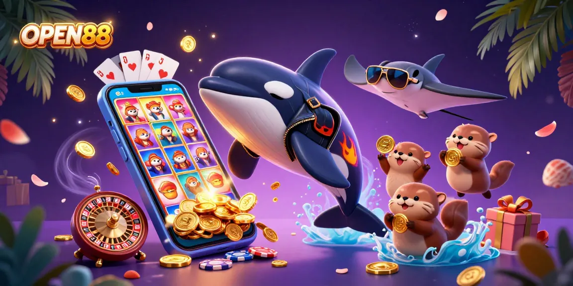 OPEN88 players enjoy thrilling gaming excitement with orca whale and sea otters amidst colorful casino elements.