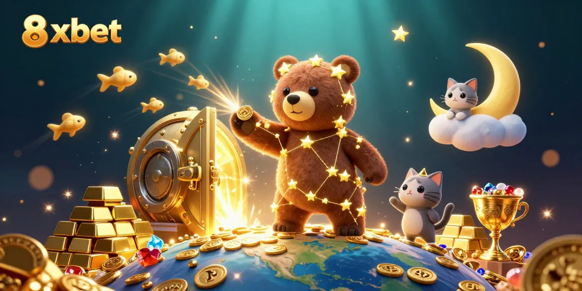 Experience thrilling jackpots with 8xbet as the constellation bear scoops coins amidst a magical casino world.