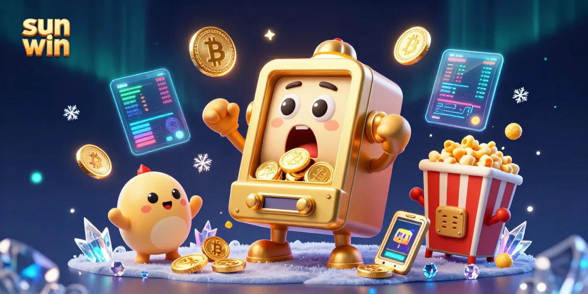 Experience the excitement of sun win as a golden slot machine hits a jackpot in a vibrant casino scene.