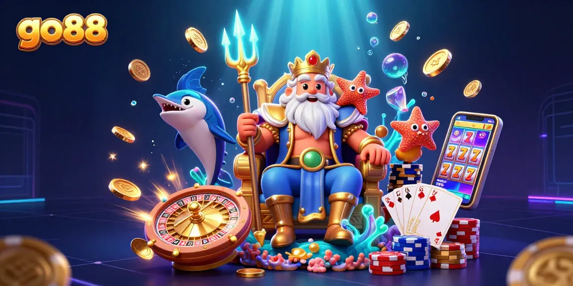 Exquisite go 88 scene with Neptune, glowing treasures, and vibrant gaming elements.