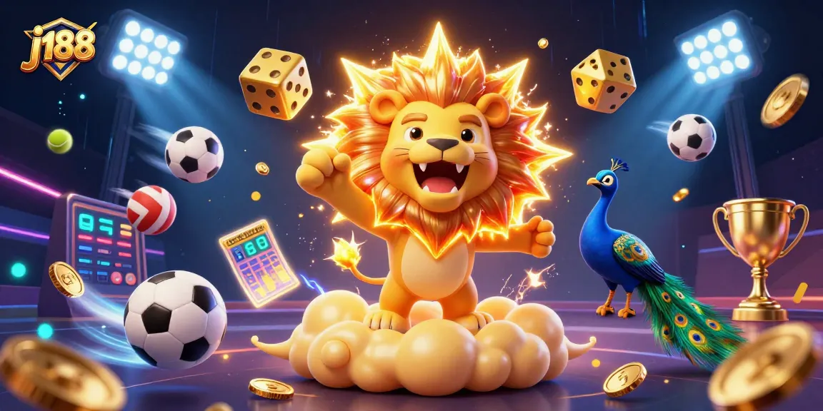 Engage in thrilling play at j188 with a vibrant 3D scene of casino elements and lively characters.