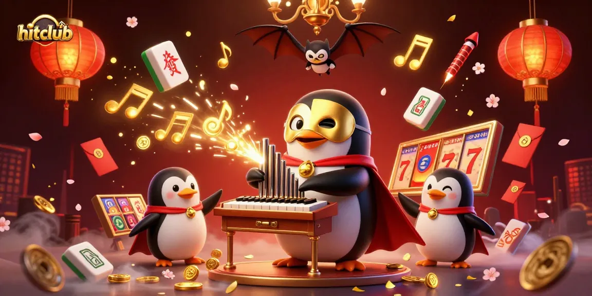 hitclub showcases a vibrant casino scene with a phantom opera penguin and golden elements.