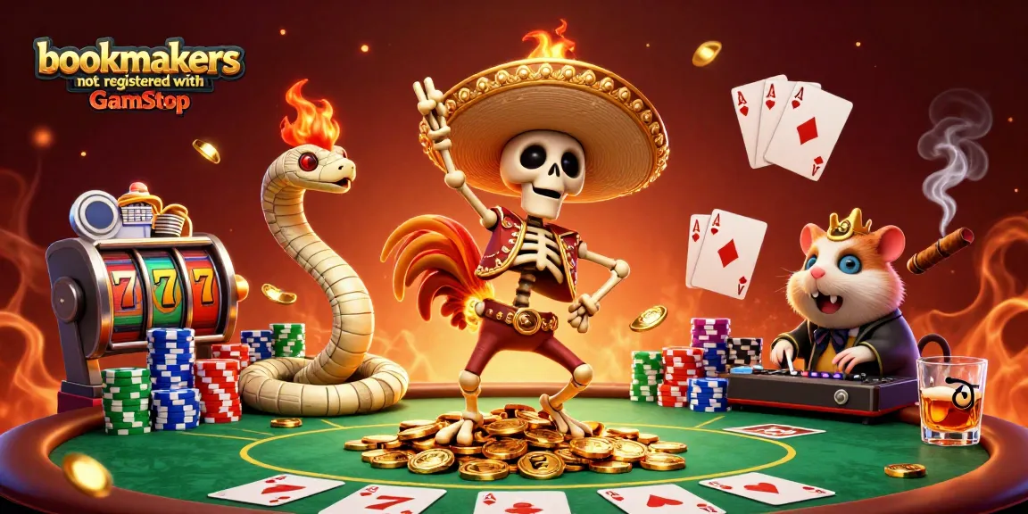 Celebrate with bookmakers not registered with GamStop in a vibrant 3D party scene full of casino elements.