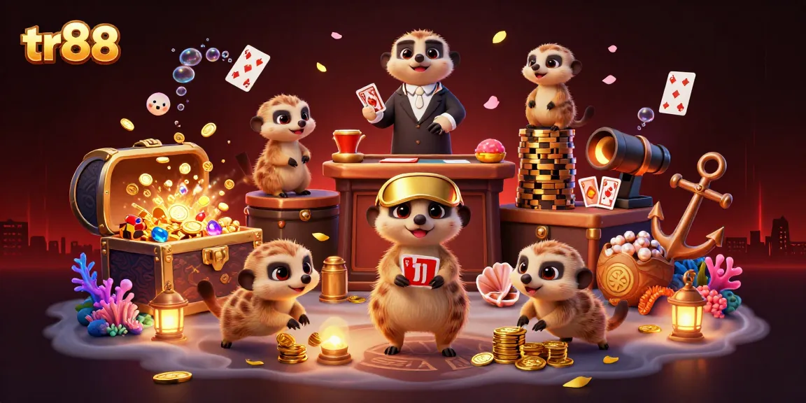 Experience thrill at tr88 with meerkats in a vibrant casino scene filled with gold and gems.