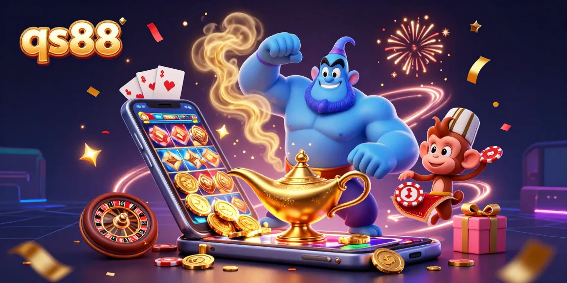 Experience the vibrant qs88 gaming universe with a genie, magic carpet, and dynamic casino elements.