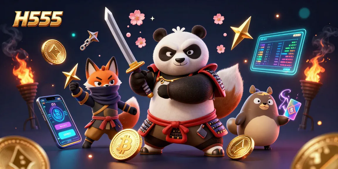 H555 offers thrilling action with a samurai panda and ninja fox amidst rich casino elements.