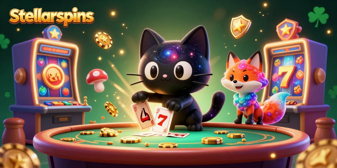 Play with stellarspins at a cosmic casino table surrounded by vibrant slot machines and golden tokens.
