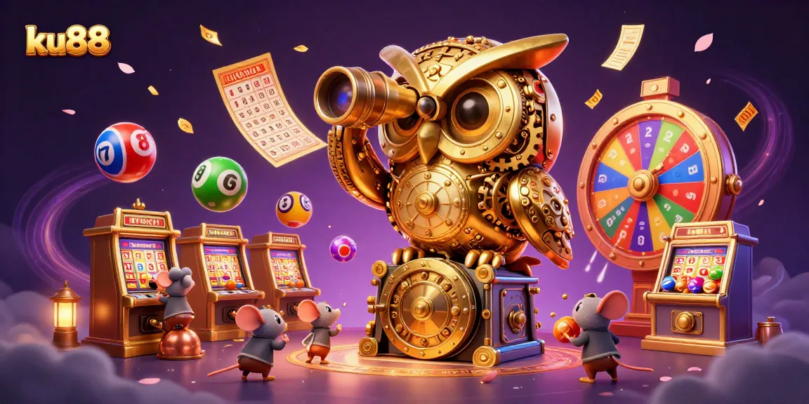ku88 spins colorful lottery balls around a 3D golden owl and animated casino scene.