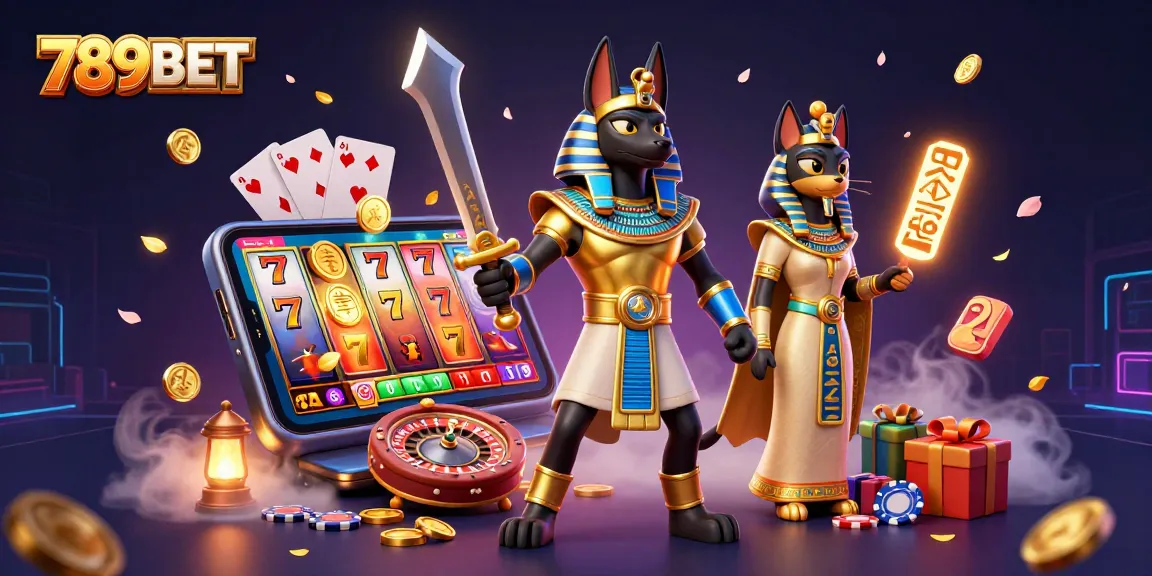 Spin the reels with 789BET's vibrant 3D illustrated scene featuring Anubis and Bastet.