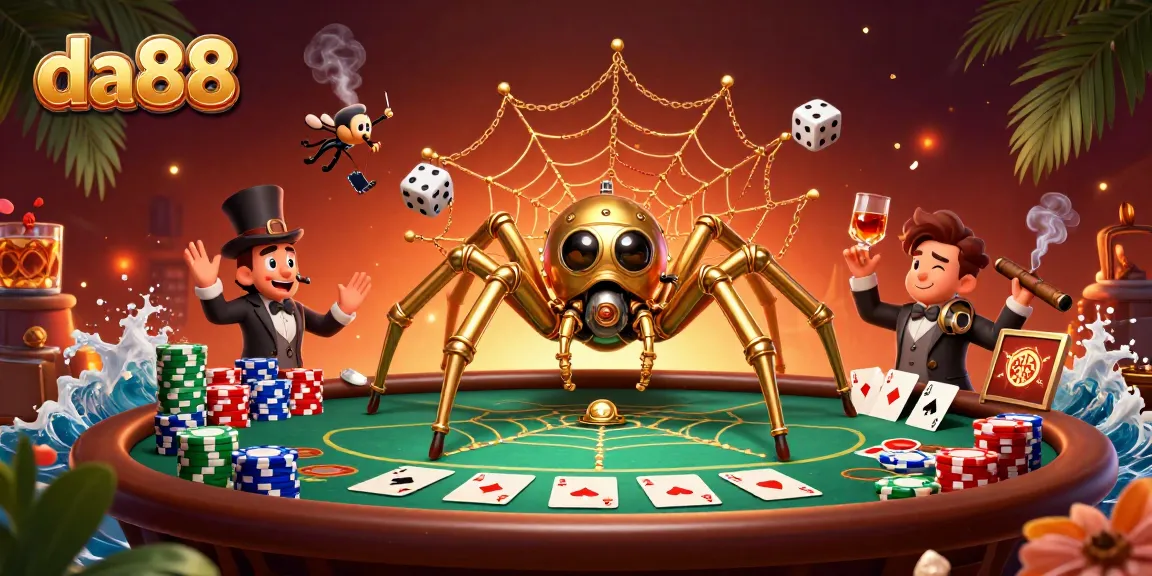 Engage with the da88 experience, featuring a steampunk spider and poker action.