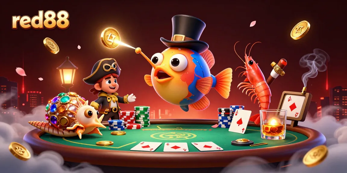 Experience the excitement at red88 as an anglerfish attracts gold coins amid a dynamic poker scene.