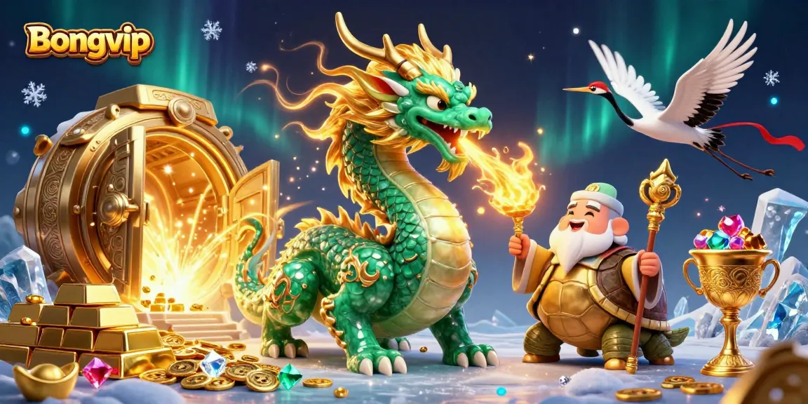 Experience the magic of Bongvip with a dramatic 3D illustration featuring a jade dragon and treasures.
