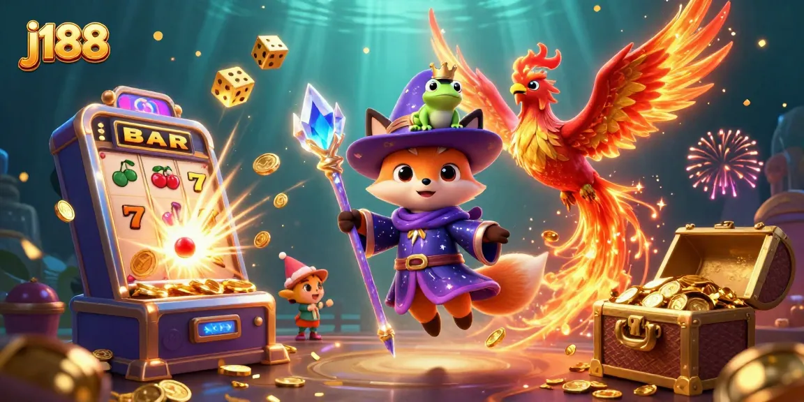 Engage with j188 through a vibrant 3D casino scene featuring dynamic characters and slot elements.