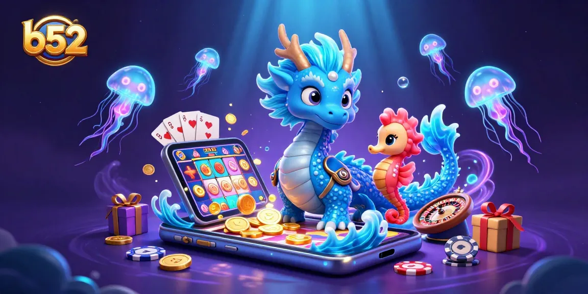 Experience thrilling wins at b52 with vibrant 3D dragon and seahorse in a lively casino setting.