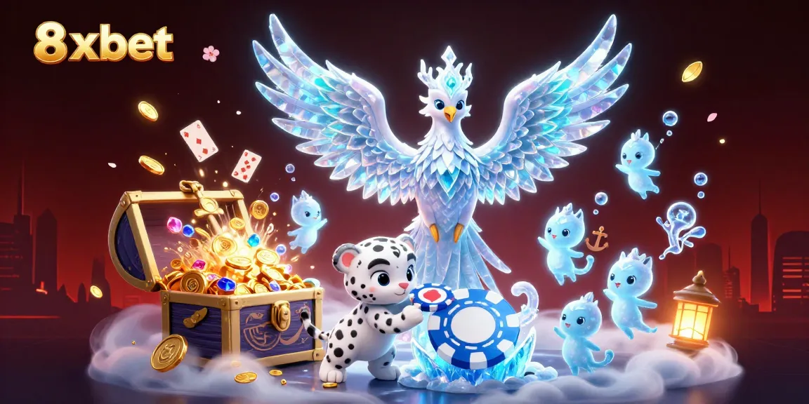 8xbet highlights an exciting moment at a virtual casino with a magical ice-themed scene featuring characters and gaming elements.