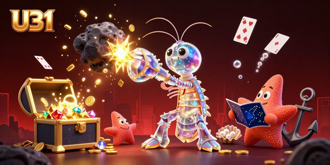 Experience the thrill with U31 as the mantis shrimp heroically punches through an asteroid, unveiling a cascade of gems and coins.